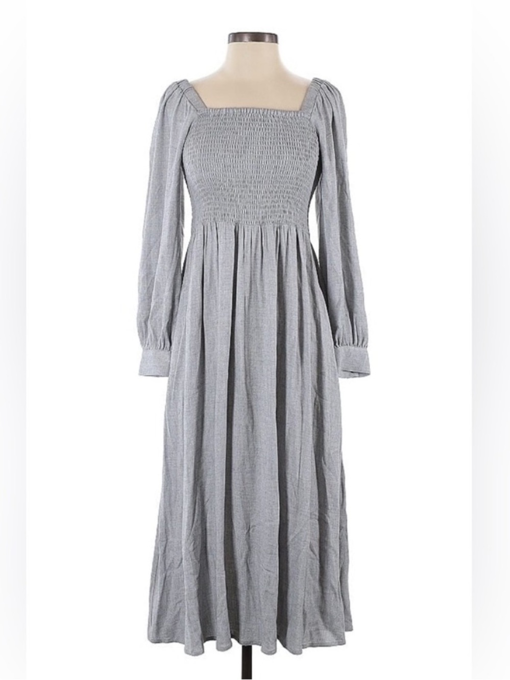 Madewell Gray Smocked Square-Neck Long Sleeve Dress S with pockets